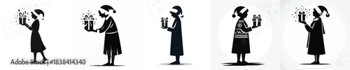 vector silhouette full body of a grandmother stand carrying a Christmas gift