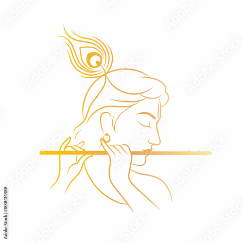 Golden Outline Spiritual Krishna Playing Flute with Peacock Feather Illustration