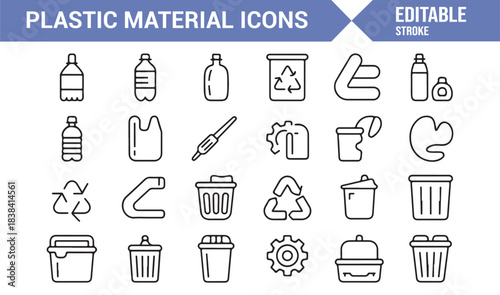 Clean Vector Icons of Plastic Products Such as Containers, Bags, Bottles, Recycled Items, and Tools
