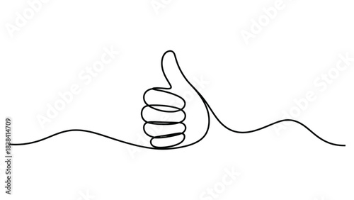 Minimal continuous line art illustration of a hand showing thumbs up gesture symbolizing approval success positivity agreement and encouragement concept