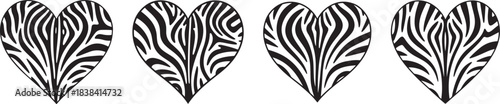 Four stylized heart shapes featuring striking black and white zebra stripe patterns