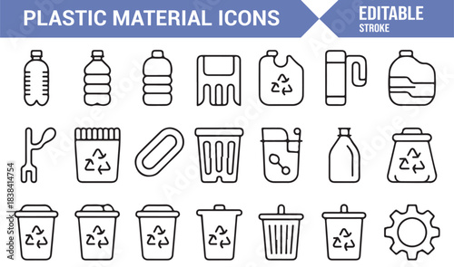 Plastic Material Icon Set Featuring Bottles, Bags, Pipes, Utensils, Recycle Symbols, and Waste Containers