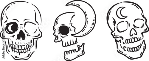 Three different artistic skull faces with crescent moon symbols on foreheads and sides
