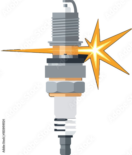 Automotive spark plug firing electric spark for engine ignition system showing power and energy combustion in a mechanical car part for vehicle repair maintenance.