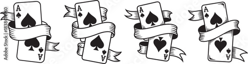 Set of four aces playing cards with decorative ribbons different suits traditional tattoo style