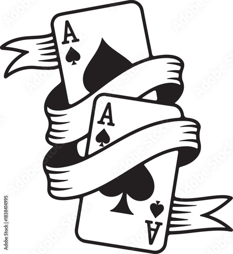 Two aces of spades playing cards intertwined with a decorative ribbon traditional tattoo style