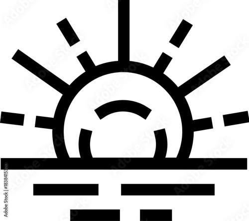 Sun rising or setting on horizon line icon