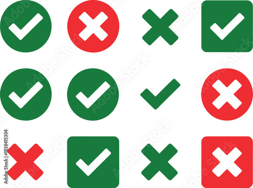 A comprehensive set of approval and denial icons, featuring green checkmarks and red crosses in various circles and squares for clear user interface feedback and visual communication