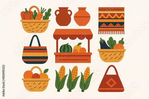 Peruvian roadside market vector icons in torn textured geometric grid on white background