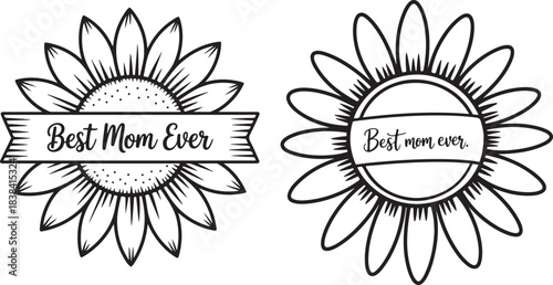 Set of best mom ever sunflower badges with various ribbon designs and elegant fonts