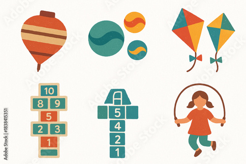 Traditional Peruvian children’s games vector icons in torn textured grid on white background