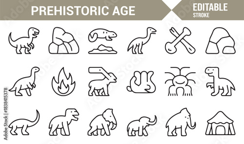 Editable Stroke Vector Icons Depicting Prehistoric Creatures, Rocks, Fire, Bones, and Primitive Tools