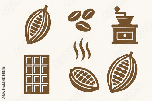 Peruvian cacao culture vector icons in torn textured grid on white background