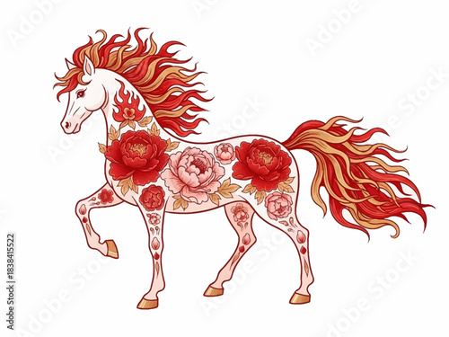 Ornate Floral Horse Illustration with Red and Gold Mane and Tail