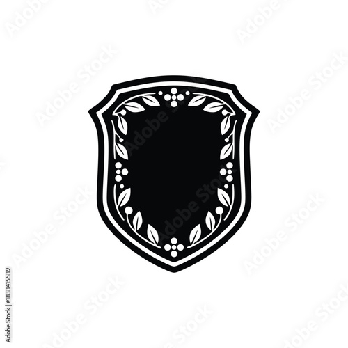 Elegant Black Shield Crest Icon with Floral Wreath and Laurel Leaves