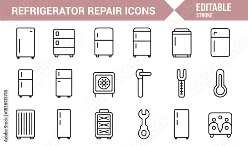 Vector Icon Collection for Refrigerator Service Including Parts, Tools, Technicians, and Cooling Indicators
