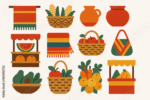 Peruvian roadside market vector icons in torn textured geometric grid on white background