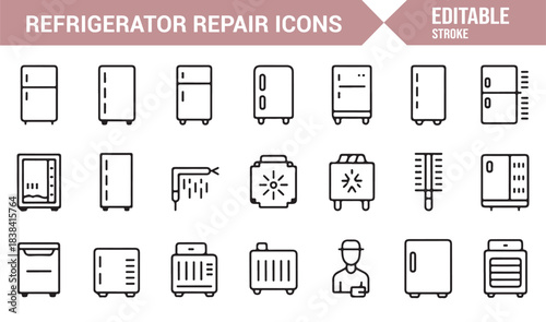 Modern Line Art Icons Depicting Fridges, Appliance Repair Gear, Technician Symbols, and Cooling Equipment