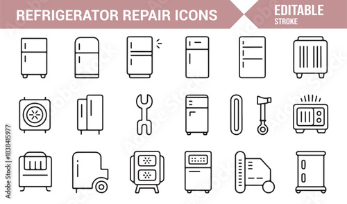 Home Appliance Repair Icons Showing Refrigerators, Cooling Systems, Technicians, and Diagnostic Tools