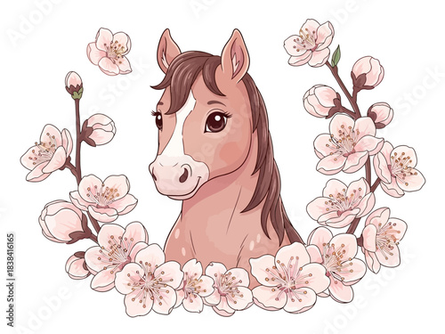 Cartoon Horse Portrait with Cherry Blossoms, Cute Animal Illustration