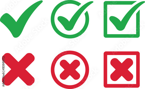 Set of green checkmarks and red crosses, indicating correct and incorrect options, suitable for voting, surveys, or decision-making processes