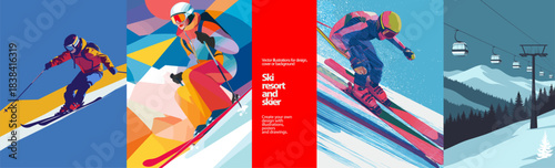 Dynamic ski resort vector set with fast-moving skiers, vibrant geometric styles, snowy mountain landscapes, and cable cars. Perfect for winter sports posters, travel ads, and outdoor adventure designs