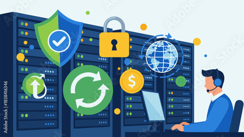 IT professional managing secure data center infrastructure with network and financial aspects.