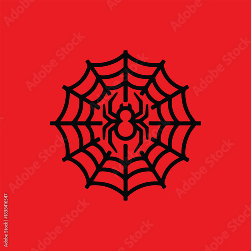 Black Spider on Web Icon - Halloween Vector Illustration on Red Background