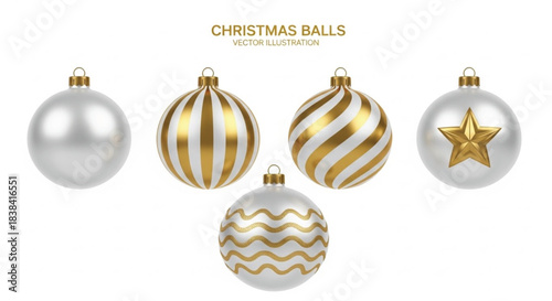 Five realistic 3d christmas balls ornaments, silver and gold colors, isolated on white background