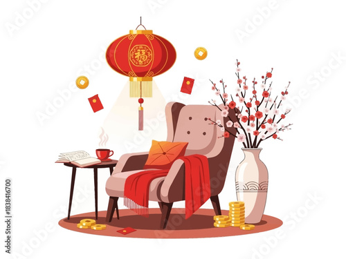 Cozy Chinese New Year Scene with Lantern and Armchair