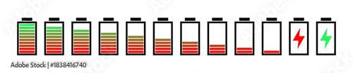 Battery level icon set with full to empty power indicators and charging symbols, energy status bars – vector editable design