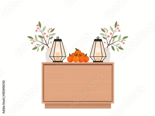 Stylish Wooden Cabinet with Lanterns, Oranges, and Floral Accents
