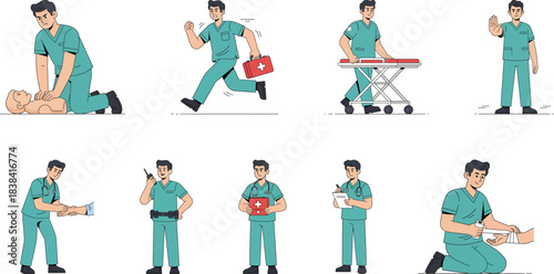 Male Paramedic Giving First Aid Emergency Situation Illustration Set