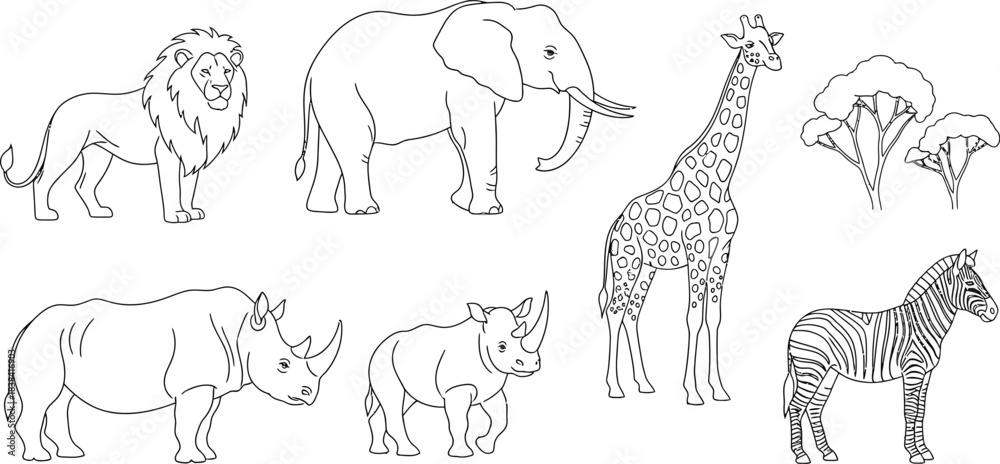 Fototapeta premium A big bundle Outline wild safari animals vector illustration of coloring page for kids and wild animals from tropical jungle, tiger macaque camel elephant bird lion deer wolf fish etc.