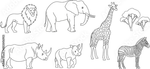 A big bundle Outline wild safari animals vector illustration of coloring page for kids and wild animals from tropical jungle, tiger macaque camel elephant bird lion deer wolf fish etc.