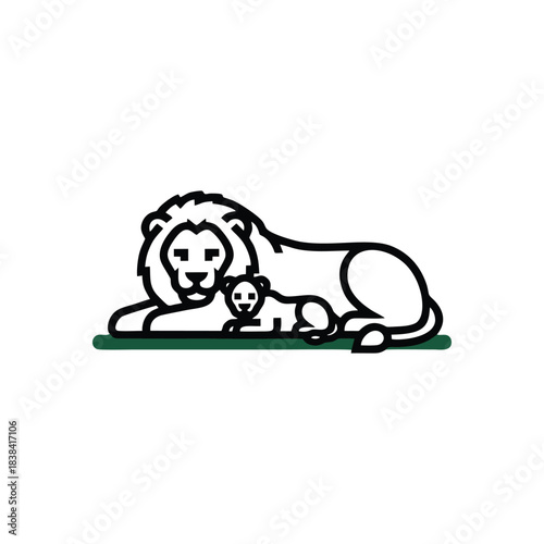 Lion and Cub Silhouette: Vector Icon of a Resting Lion with Cub for Family and Leadership Branding