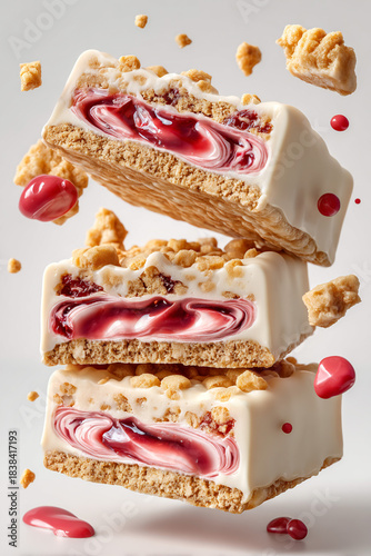 Three stacked protein bars or snacks coated in smooth white chocolate. Inside is a golden cookie crumb base and a glossy, bright pink layer of strawberry jam with realistic shimmer and glitter. Dubai 