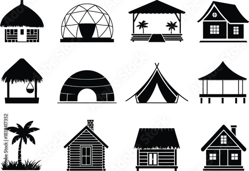 Collection of Various House and Shelter Icons Representing Different Architectural Styles and Structures