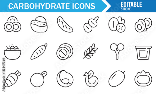 Food and Nutrition Icon Collection Showing Carbohydrate Sources Such as Roots, Cereals, and Snacks