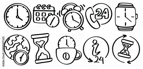 Set of hand drawn Time And Clock theme Isolated Vector