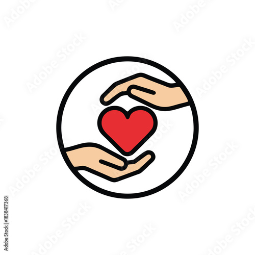Caring Hands and Heart Emblem: Vector Icon of Protecting Hands Surrounding a Red Heart Symbol