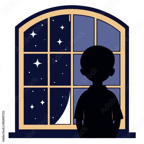 Child gazes out window at starry night sky silhouette
