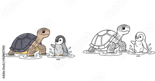 Cute cartoon turtle and penguin characters interacting. Vector illustration of a friendly tortoise and sea bird meeting in water splashes, isolated on white background.