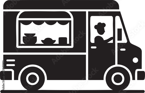 Black and white food truck icon with chef inside and serving window displaying dishes, street food, mobile kitchen, restaurant vehicle symbol