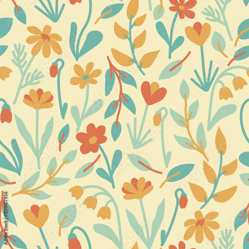 Seamless vintage  botanical pattern with blue, red and yellow flowers and leaves on yellow background in pastel colors. Could be used as wallpaper, texture, print, fabric. 