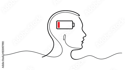 Minimal continuous line art human head with low battery icon symbolizing stress burnout fatigue and mental exhaustion in modern conceptual illustration