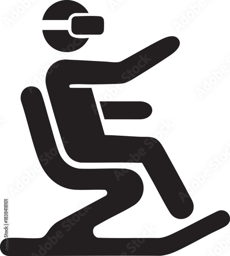 Black and white virtual reality icon of person in motion chair wearing VR headset, immersive simulation, gaming experience and futuristic technology