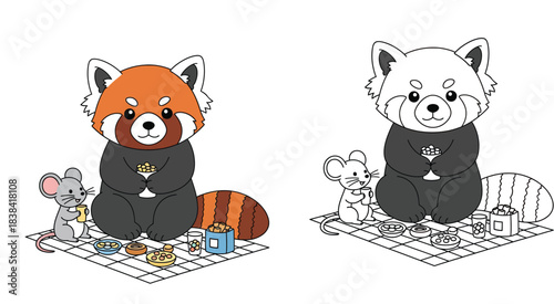 Cute cartoon red panda and mouse characters having a picnic. Vector illustration of friends eating snacks and drinking on a checkered mat, isolated on white background.
