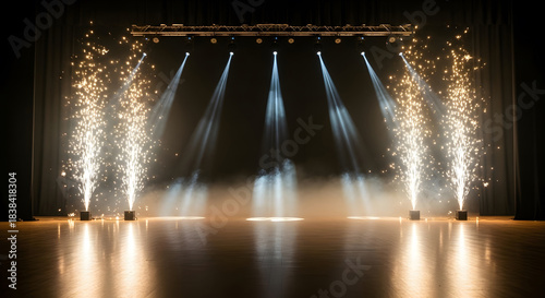 Empty concert stage with spotlights, smoke, and pyrotechnics creating a dynamic display