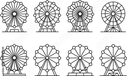 Collection of linear Ferris wheel icons, featuring radiating spokes, circular pods, and stable support structures, for amusement park, fairground, and entertainment designs